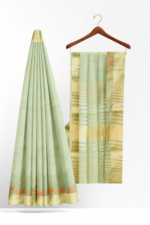 sri kumaran stores linen embroidery saree light green saree with golden border 1 2