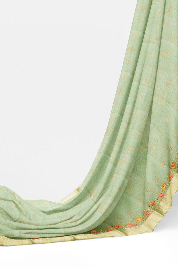 sri kumaran stores linen embroidery saree light green saree with golden border 1 3
