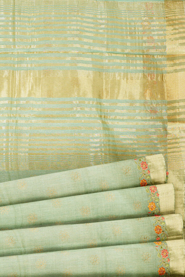 sri kumaran stores linen embroidery saree light green saree with golden border 1 4
