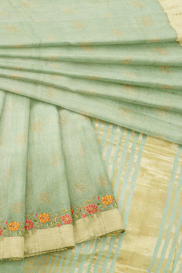 sri kumaran stores linen embroidery saree light green saree with golden border 1 5