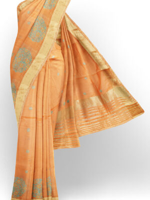 sri kumaran stores linen embroidery saree light orange saree with golden border 1