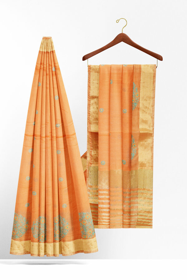 sri kumaran stores linen embroidery saree light orange saree with golden border 2