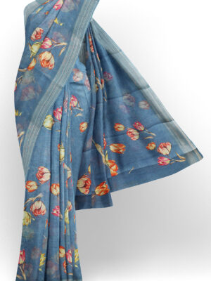sri kumaran stores linen printed saree blue saree with grey border 1