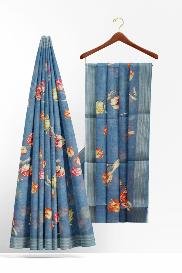 sri kumaran stores linen printed saree blue saree with grey border 2