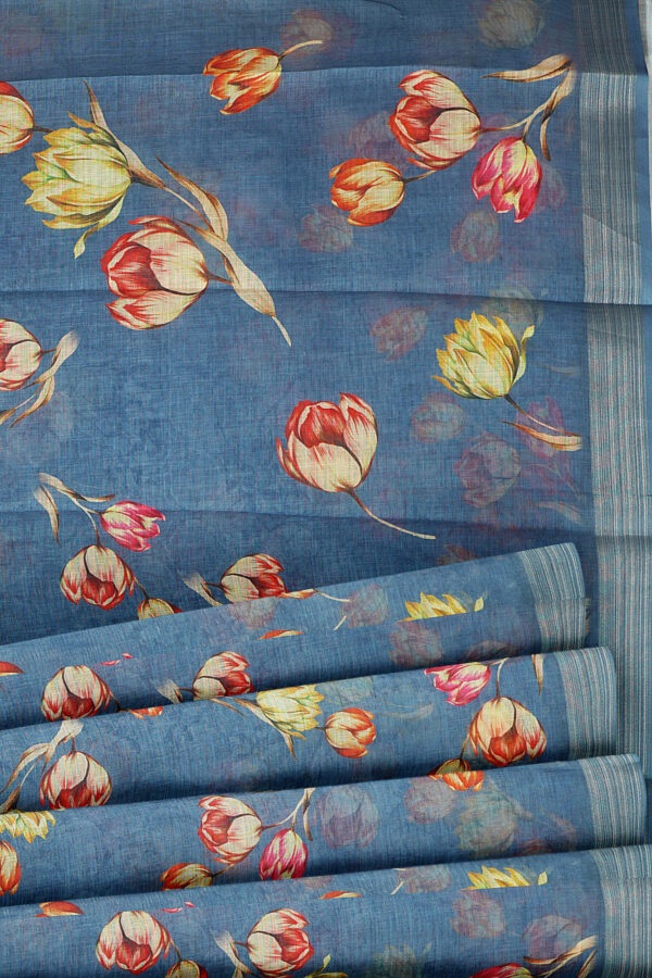 sri kumaran stores linen printed saree blue saree with grey border 4