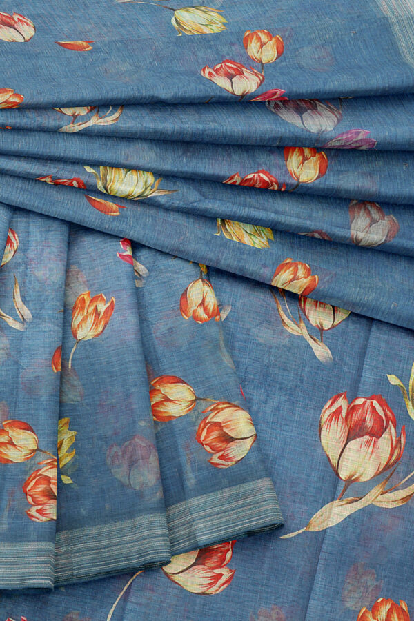 sri kumaran stores linen printed saree blue saree with grey border 5