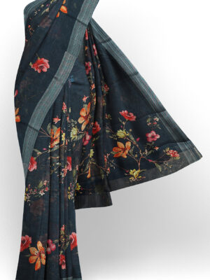 sri kumaran stores linen printed saree dark green saree with grey border 1