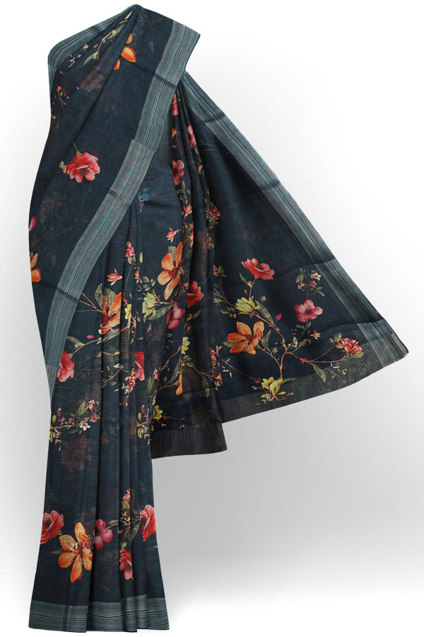 sri kumaran stores linen printed saree dark green saree with grey border 1