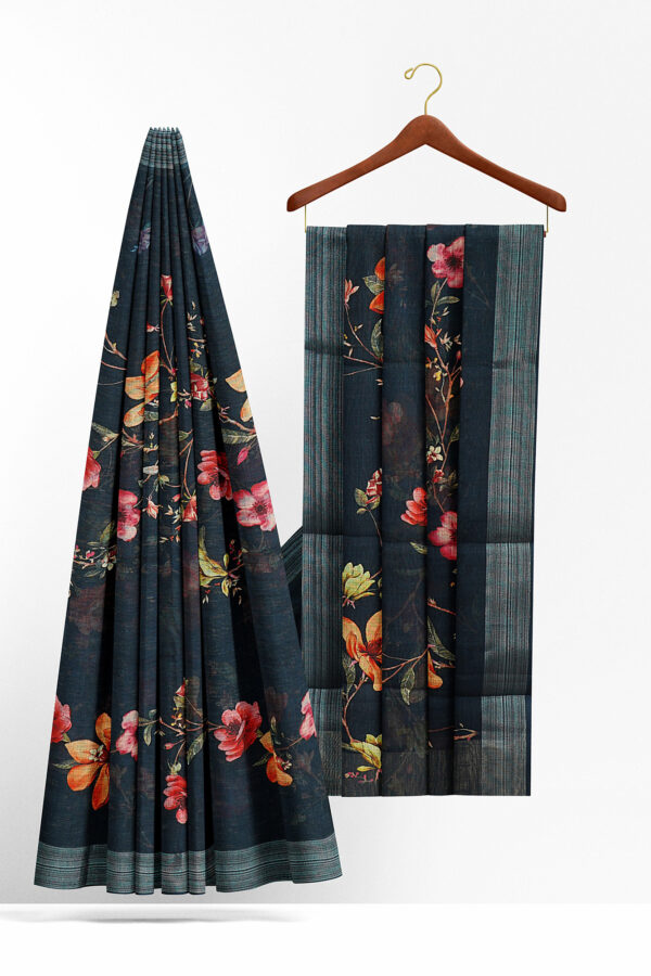 sri kumaran stores linen printed saree dark green saree with grey border 2
