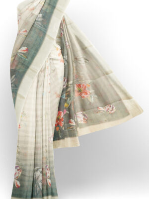 sri kumaran stores linen printed saree faded white saree with white border 1