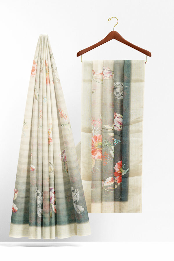sri kumaran stores linen printed saree faded white saree with white border 2