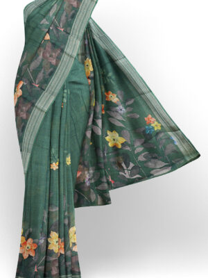sri kumaran stores linen printed saree green saree with silver border 1
