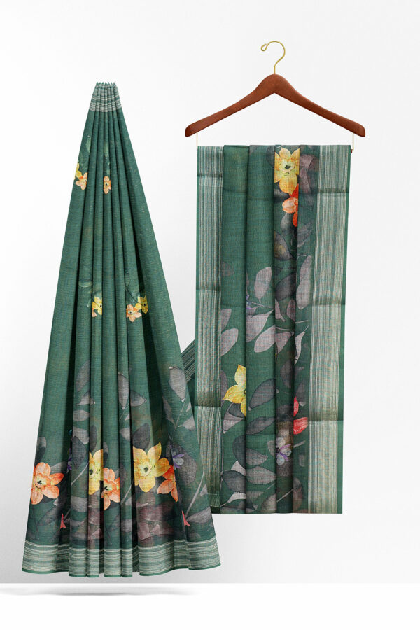 sri kumaran stores linen printed saree green saree with silver border 2