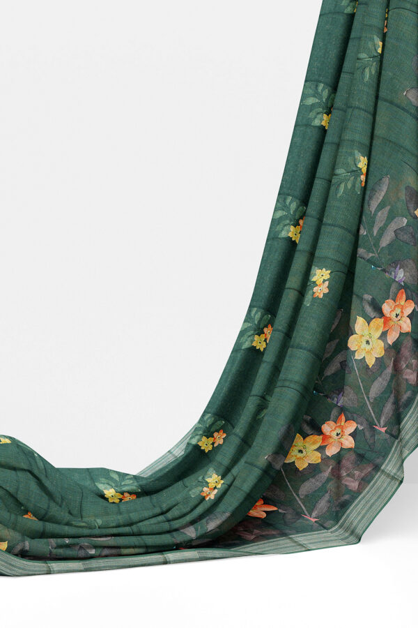 sri kumaran stores linen printed saree green saree with silver border 3