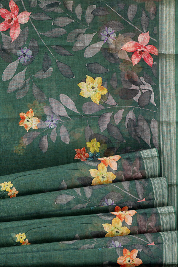 sri kumaran stores linen printed saree green saree with silver border 4