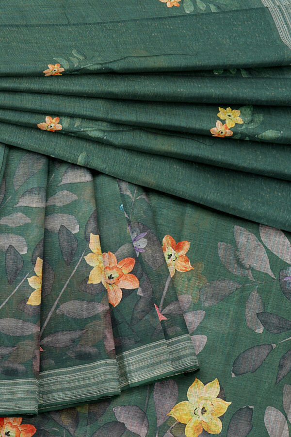sri kumaran stores linen printed saree green saree with silver border 5
