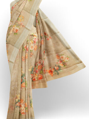 sri kumaran stores linen printed saree half white saree with white border 1