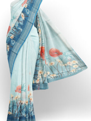 sri kumaran stores linen printed saree light blue saree with blue border 1