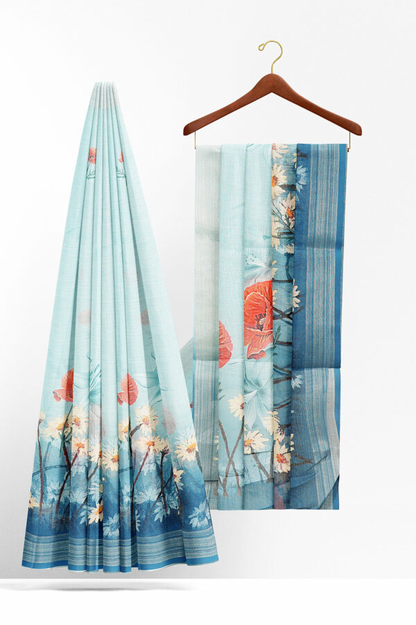 sri kumaran stores linen printed saree light blue saree with blue border 2