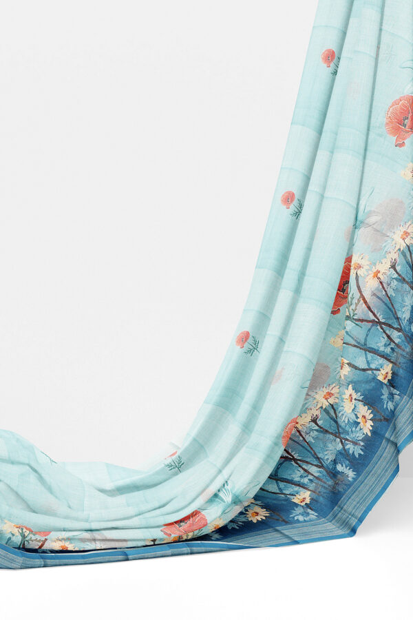 sri kumaran stores linen printed saree light blue saree with blue border 3