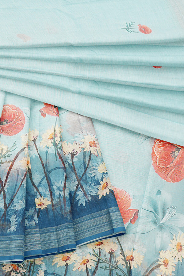 sri kumaran stores linen printed saree light blue saree with blue border 5