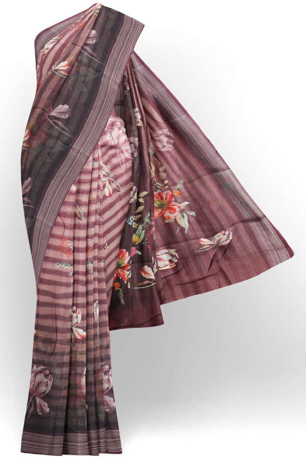 sri kumaran stores linen printed saree light brown saree with brown border 1
