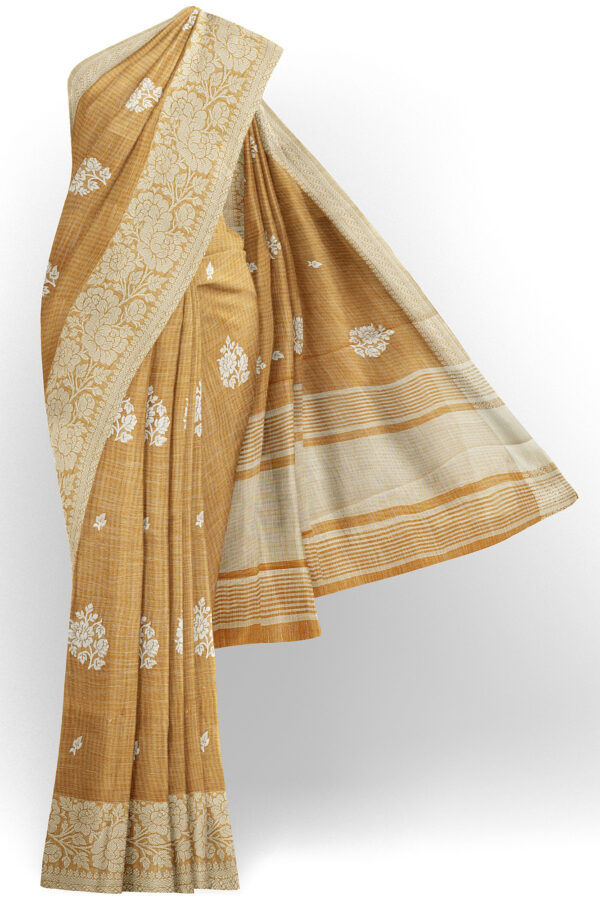 sri kumaran stores linen thread saree coffee brown saree with white border 1