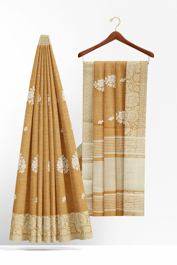 sri kumaran stores linen thread saree coffee brown saree with white border 2