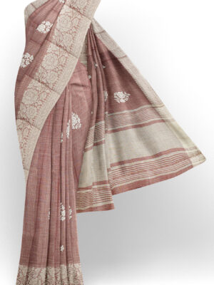 sri kumaran stores linen thread saree light brown saree with white border 1