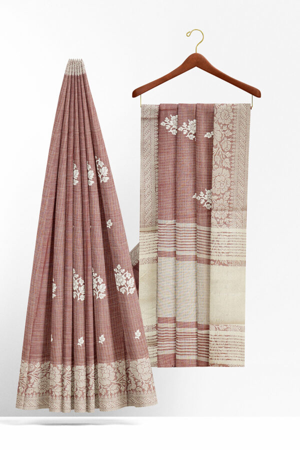 sri kumaran stores linen thread saree light brown saree with white border 2