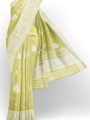 sri kumaran stores linen thread saree light green saree with white border 1