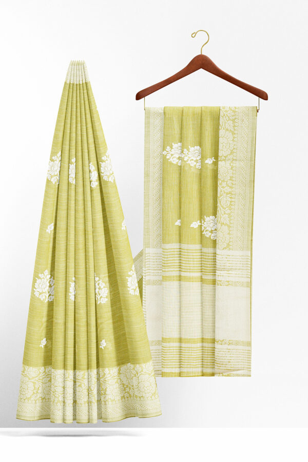 sri kumaran stores linen thread saree light green saree with white border 2
