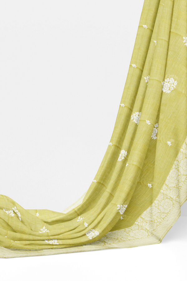 sri kumaran stores linen thread saree light green saree with white border 3
