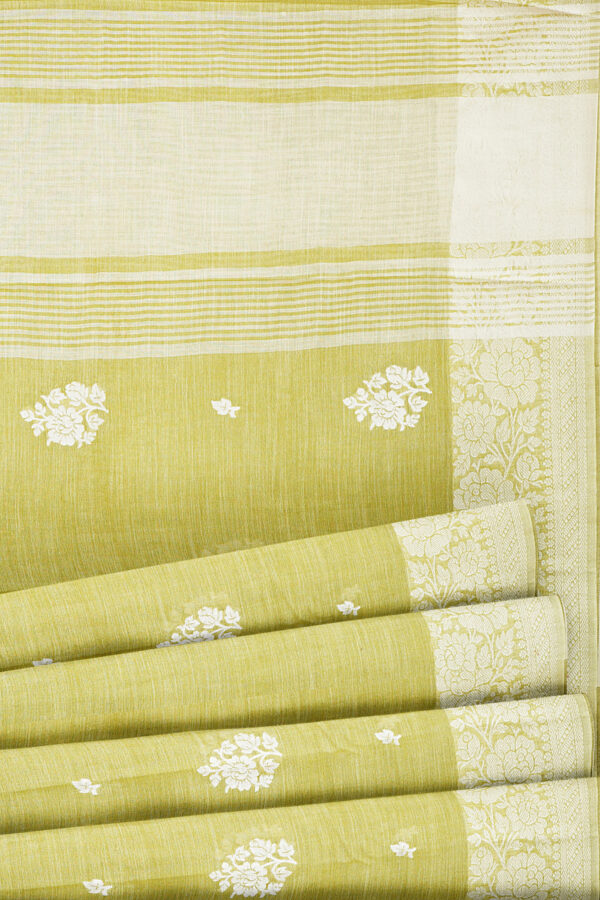 sri kumaran stores linen thread saree light green saree with white border 4