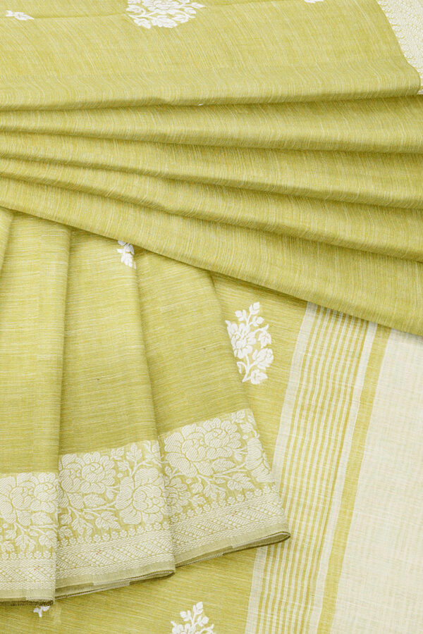 sri kumaran stores linen thread saree light green saree with white border 5