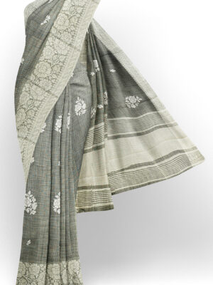 sri kumaran stores linen thread saree light grey saree with white border 1