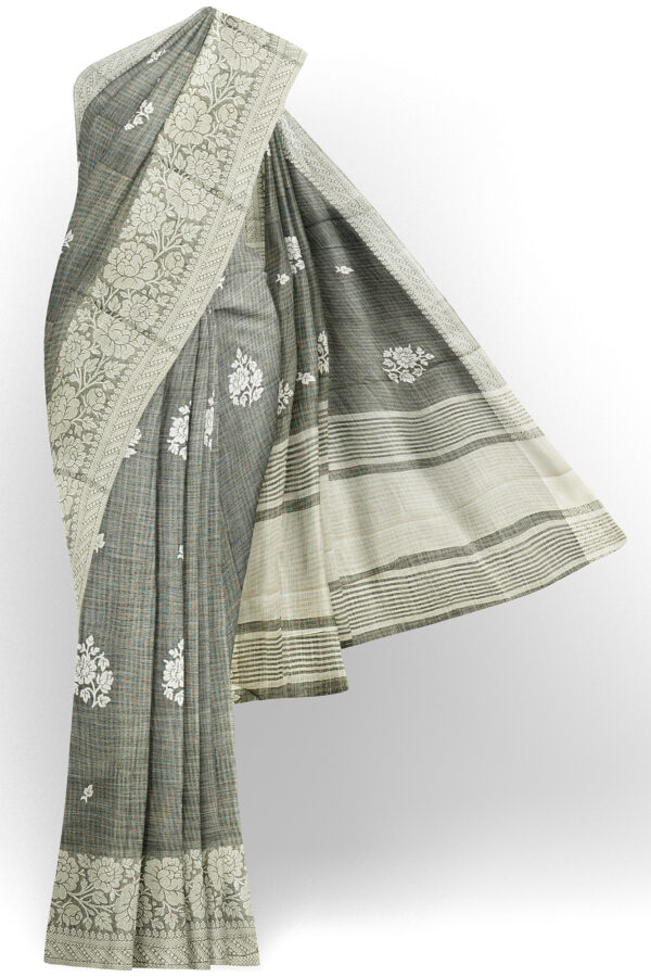 sri kumaran stores linen thread saree light grey saree with white border 1
