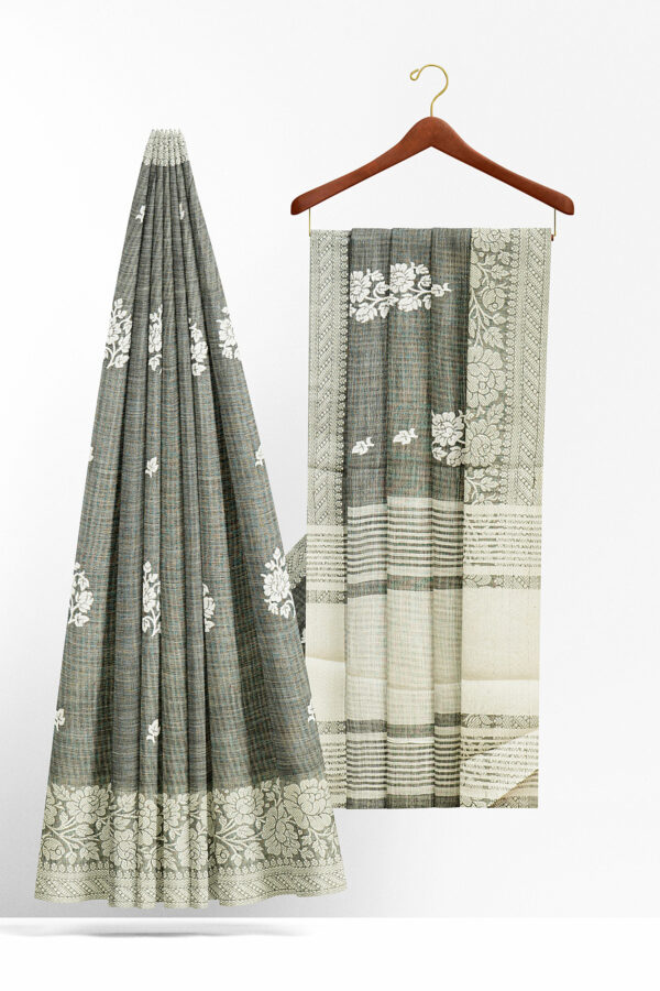 sri kumaran stores linen thread saree light grey saree with white border 2