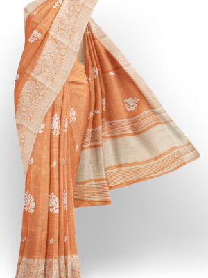 sri kumaran stores linen thread saree light orange saree with white border 1