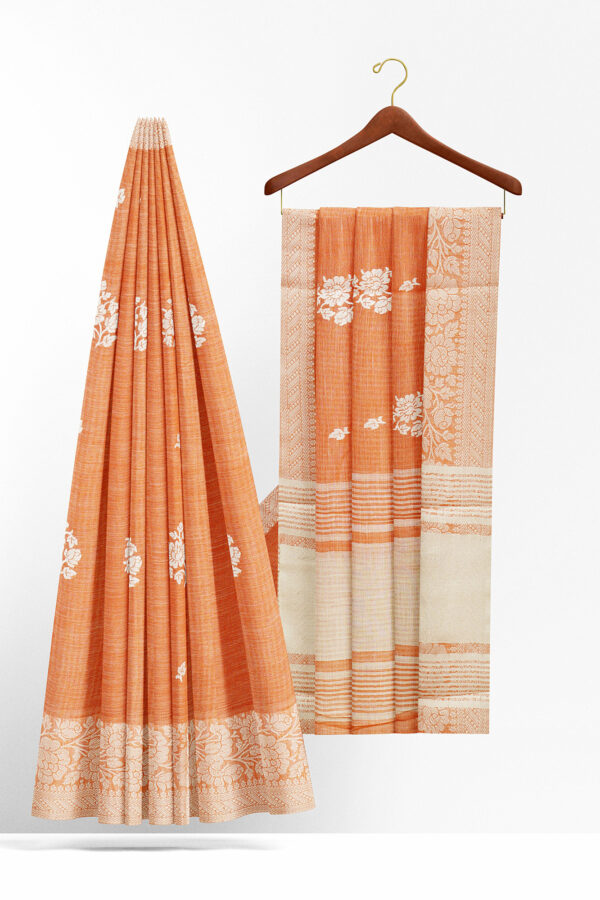 sri kumaran stores linen thread saree light orange saree with white border 2