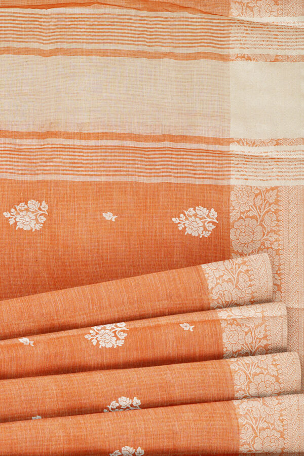 sri kumaran stores linen thread saree light orange saree with white border 4