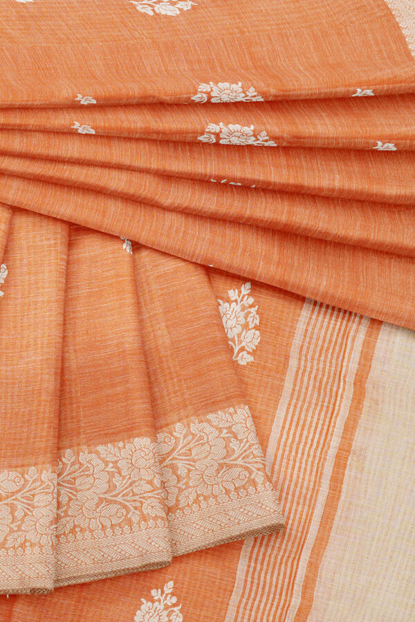 sri kumaran stores linen thread saree light orange saree with white border 5