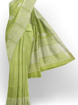 sri kumaran stores linen thread saree pista green saree with white border 1