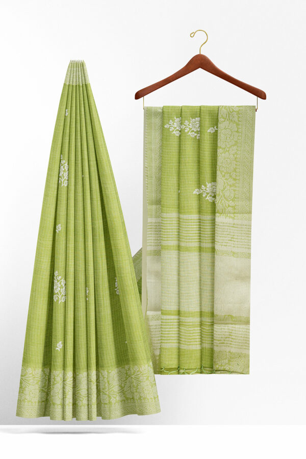 sri kumaran stores linen thread saree pista green saree with white border 2