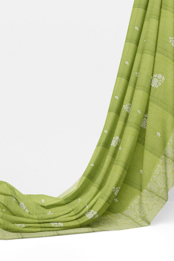 sri kumaran stores linen thread saree pista green saree with white border 3