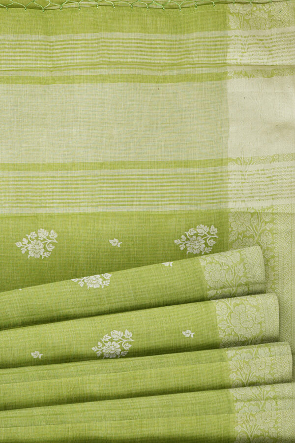 sri kumaran stores linen thread saree pista green saree with white border 4