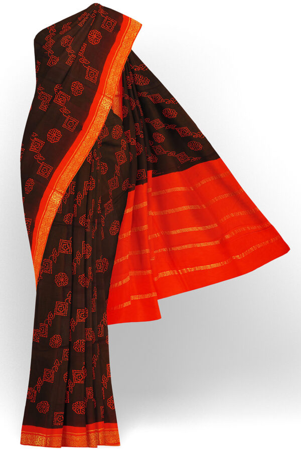 sri kumaran stores madurai cotton brown saree with orange border 1