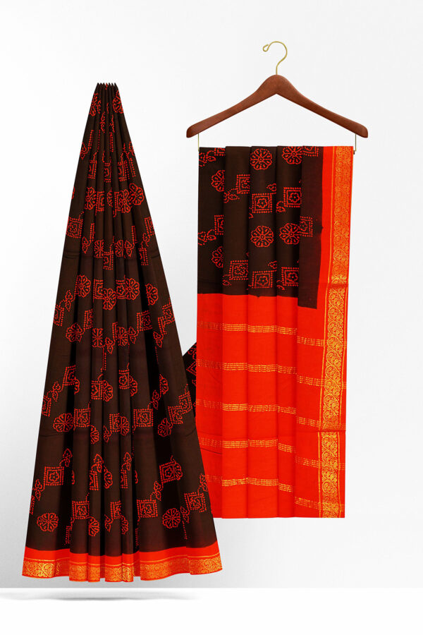 sri kumaran stores madurai cotton brown saree with orange border 2