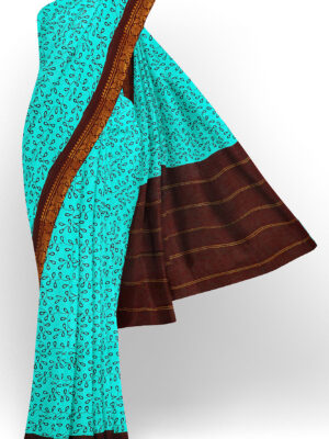 sri kumaran stores madurai cotton turquoise blue saree with brown border 1