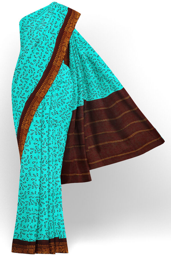 sri kumaran stores madurai cotton turquoise blue saree with brown border 1